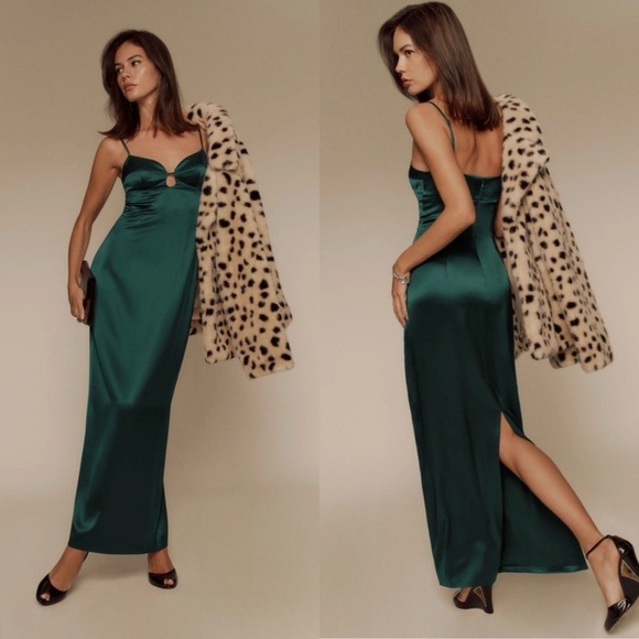 🆕 REFORMATION Sathia Satin Maxi Dress Forest Green Sz 6 - Picture 1 of 11